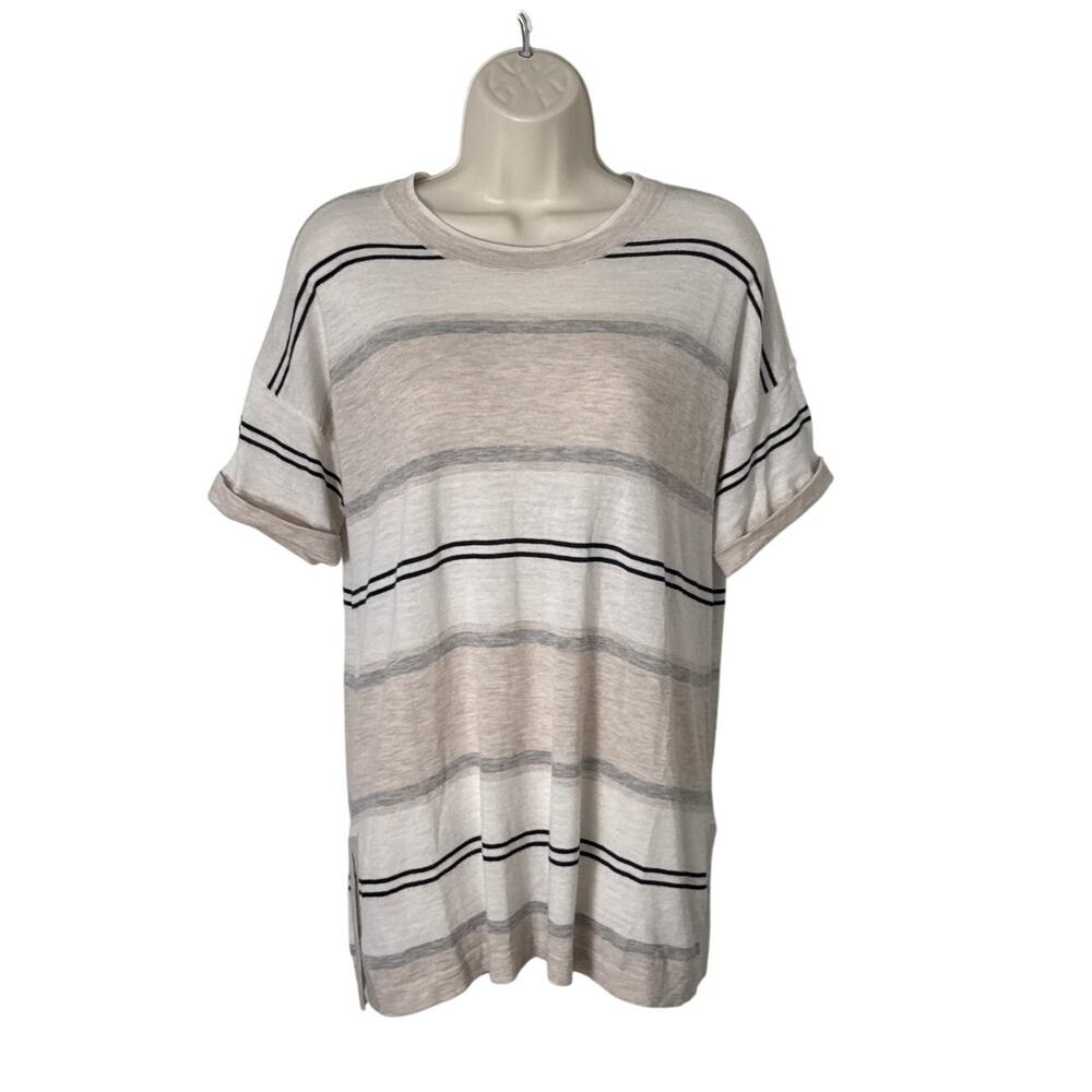 Autumn Cashmere Pullover Short Sleeve Tunic Striped Sweater Neutral Size L